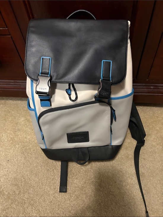 Coach Other - Coach Men’s Grey Backpack with Black Flap and Blue Trim